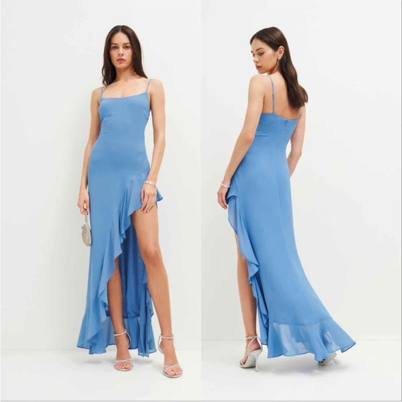 ⚡️Reformation Winola Ruffle Side Slit Maxi Dress in Azure Blue Size XL NWT $378
